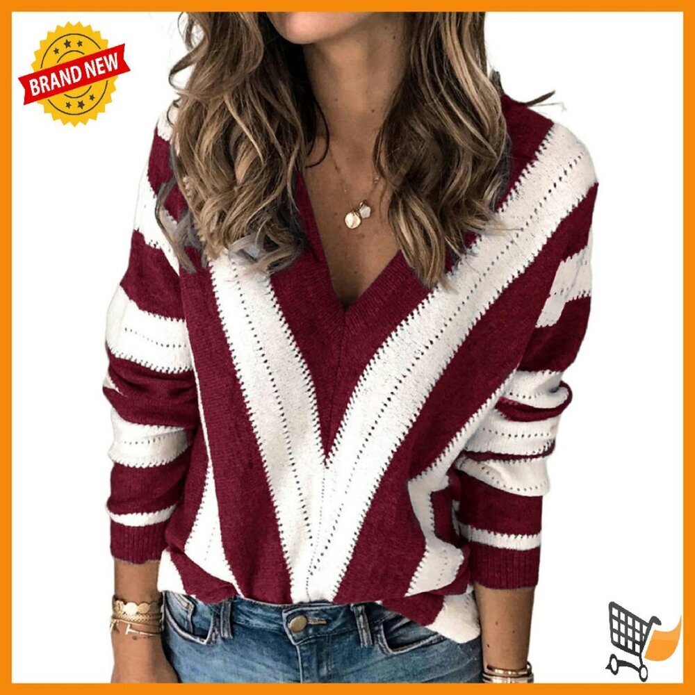 Long Sleeve V-Neck Striped Knit Pullover Sweater Women's Loose Fit